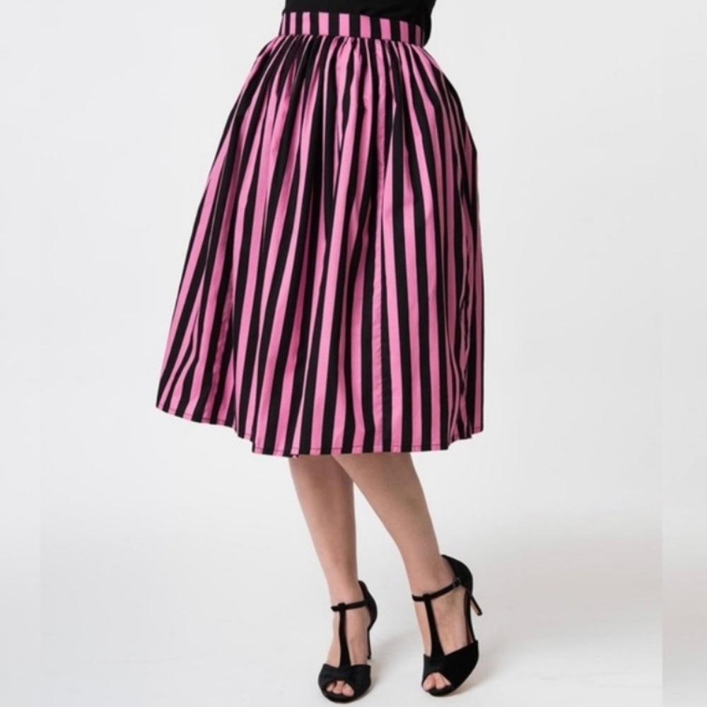 Unique vintage Beetlejuice black and pink stripe midi pinup skirt Sz Large